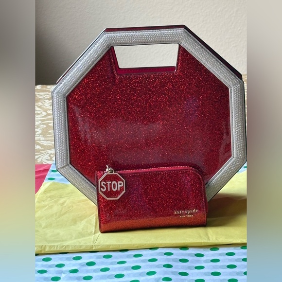 🚦🚦🚦 KATE SPADE DETOUR GLITTER PATENT LEATHER 3D STOP SIGN CROSSBODY & WALLET 🚦🚦🚦 - Picture 12 of 16